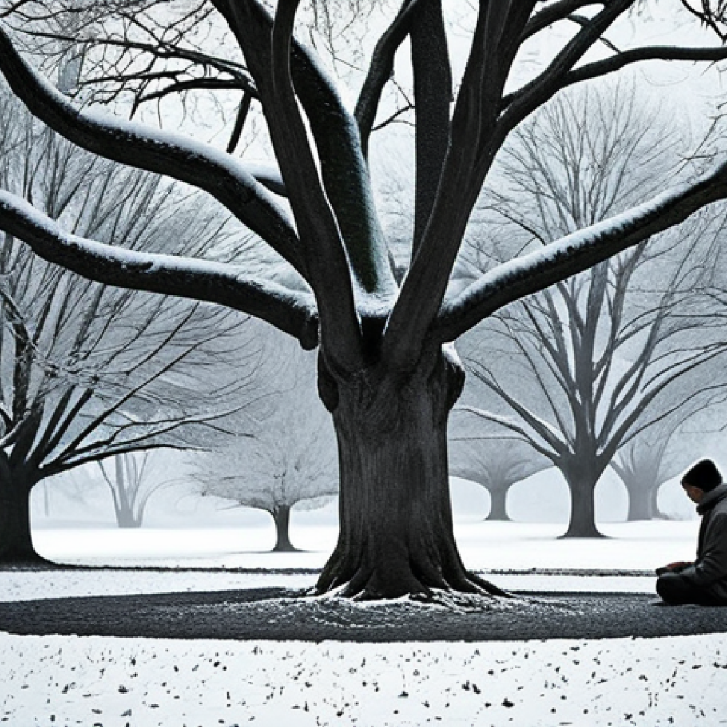 **A serene winter garden scene:** Focus on a lone figure meditating under a bare tree, with snow lightly dusting the ground. Emphasize the quiet solitude and the stark beauty of the winter landscape. Color palette leans towards grayscale with hints of muted blues and browns.