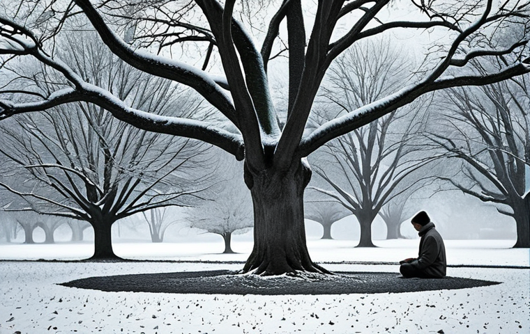 **A serene winter garden scene:** Focus on a lone figure meditating under a bare tree, with snow lightly dusting the ground. Emphasize the quiet solitude and the stark beauty of the winter landscape. Color palette leans towards grayscale with hints of muted blues and browns.