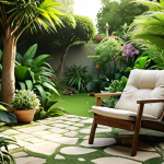 ** "A tranquil garden space with a comfortable chair, lush green plants, and soft lighting. Focus on serenity and relaxation."

**