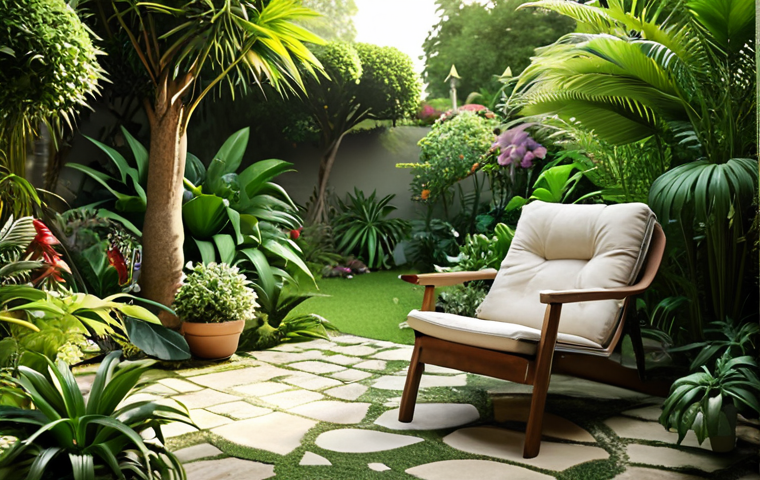 ** "A tranquil garden space with a comfortable chair, lush green plants, and soft lighting. Focus on serenity and relaxation."
**