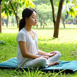 A serene and calming image of a young Vietnamese woman (20s-30s) meditating peacefully in a lush, green urban park, reminiscent of Tao Dan Park in Ho Chi Minh City. She is sitting comfortably on a meditation cushion or mat on soft grass, with her eyes gently closed and a calm expression. Sunlight filters through the dense tree canopy, creating dappled light on the ground around her. In the background, subtly visible, is a blurred smartphone placed away from her, symbolizing digital detox. Birds are subtly integrated into the foliage, and a gentle breeze softly rustles the leaves. The overall atmosphere should convey deep tranquility, connection to nature, and an escape from modern life's hustle. Realistic, natural lighting, high-detail.