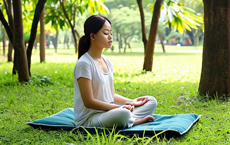 A serene and calming image of a young Vietnamese woman (20s-30s) meditating peacefully in a lush, green urban park, reminiscent of Tao Dan Park in Ho Chi Minh City. She is sitting comfortably on a meditation cushion or mat on soft grass, with her eyes gently closed and a calm expression. Sunlight filters through the dense tree canopy, creating dappled light on the ground around her. In the background, subtly visible, is a blurred smartphone placed away from her, symbolizing digital detox. Birds are subtly integrated into the foliage, and a gentle breeze softly rustles the leaves. The overall atmosphere should convey deep tranquility, connection to nature, and an escape from modern life's hustle. Realistic, natural lighting, high-detail.