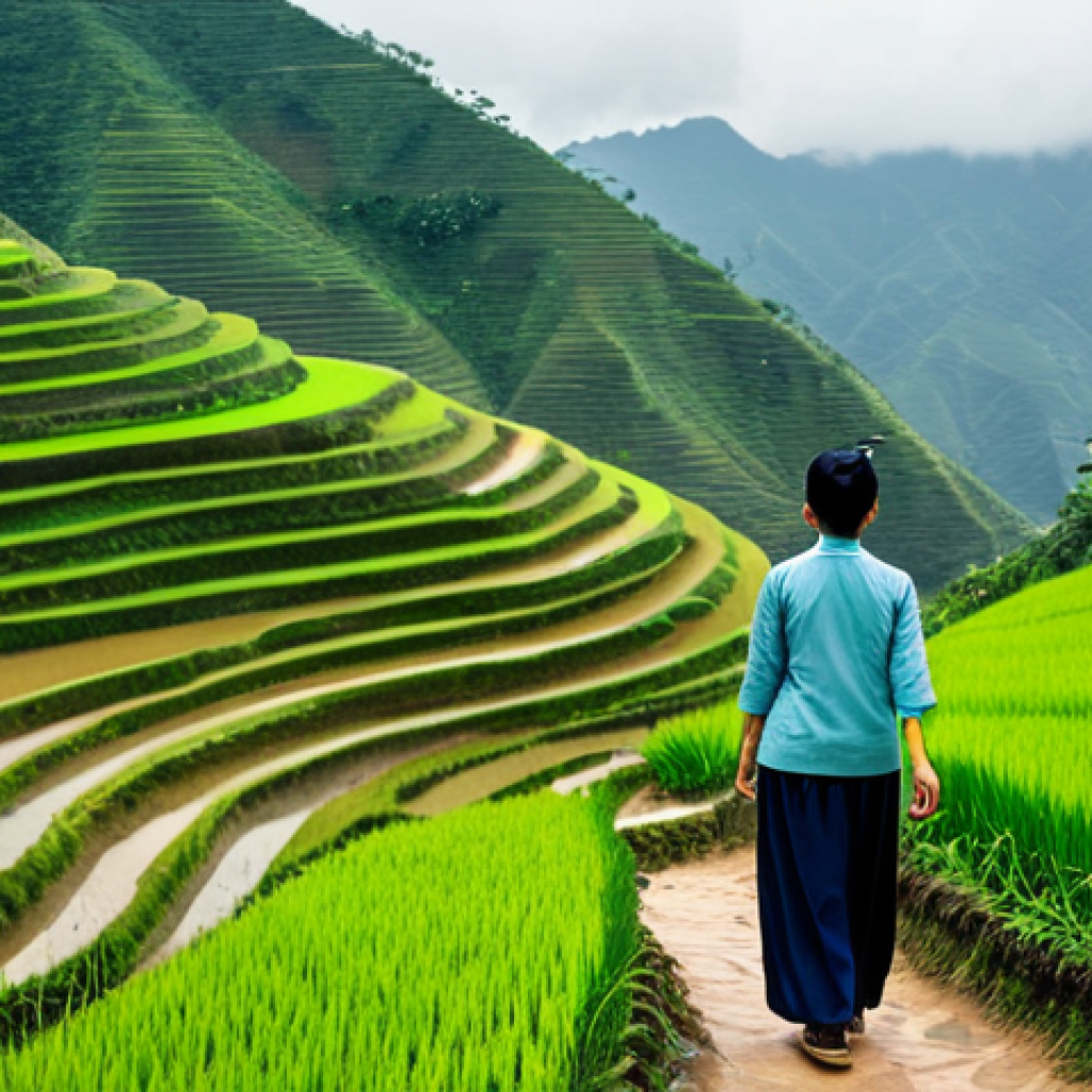 A serene adult individual in a modest, high-quality outdoor trekking outfit, walking mindfully on a winding dirt path. The background features lush green terraced rice fields cascading down a gentle mountain slope under a soft, overcast sky, characteristic of the Sapa region in Vietnam. The atmosphere is peaceful and reflective, emphasizing a connection with nature. Professional outdoor photography, natural soft light, wide shot, fully clothed, modest clothing, appropriate attire, professional dress, perfect anatomy, correct proportions, natural pose, well-formed hands, proper finger count, natural body proportions, safe for work, appropriate content, family-friendly.