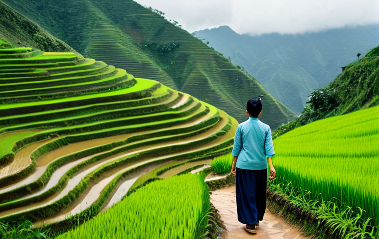A serene adult individual in a modest, high-quality outdoor trekking outfit, walking mindfully on a winding dirt path. The background features lush green terraced rice fields cascading down a gentle mountain slope under a soft, overcast sky, characteristic of the Sapa region in Vietnam. The atmosphere is peaceful and reflective, emphasizing a connection with nature. Professional outdoor photography, natural soft light, wide shot, fully clothed, modest clothing, appropriate attire, professional dress, perfect anatomy, correct proportions, natural pose, well-formed hands, proper finger count, natural body proportions, safe for work, appropriate content, family-friendly.