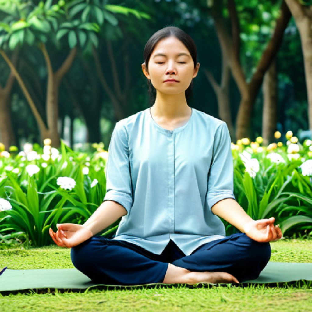 **
A mindful woman in comfortable, modest clothing meditating in a peaceful park in Vietnam. She is surrounded by lush green trees and flowers, with sunlight filtering through the leaves. Fully clothed, safe for work, appropriate content, professional, natural pose, perfect anatomy, well-formed hands.
**