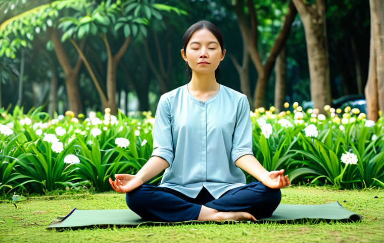 **
A mindful woman in comfortable, modest clothing meditating in a peaceful park in Vietnam. She is surrounded by lush green trees and flowers, with sunlight filtering through the leaves. Fully clothed, safe for work, appropriate content, professional, natural pose, perfect anatomy, well-formed hands.
**