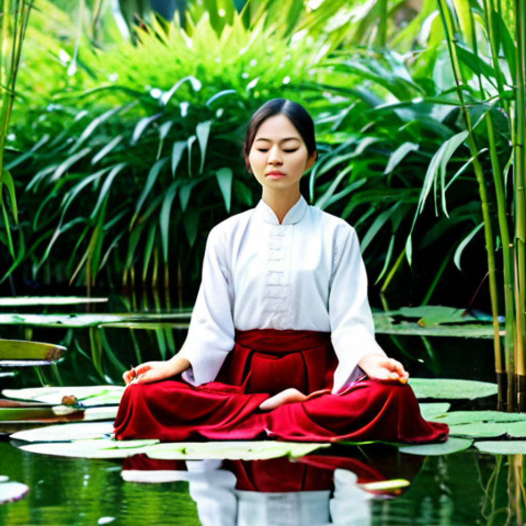 Peaceful Garden Meditation**
"A Vietnamese woman, fully clothed in a modest Ao Dai (traditional dress), meditating peacefully in a lush, green garden. Water lilies float on a small pond nearby. Sunlight filters through bamboo stalks. Serene atmosphere, safe for work, appropriate content, perfect anatomy, natural pose, well-formed hands, proper finger count, professional, family-friendly, high quality, detailed."
**