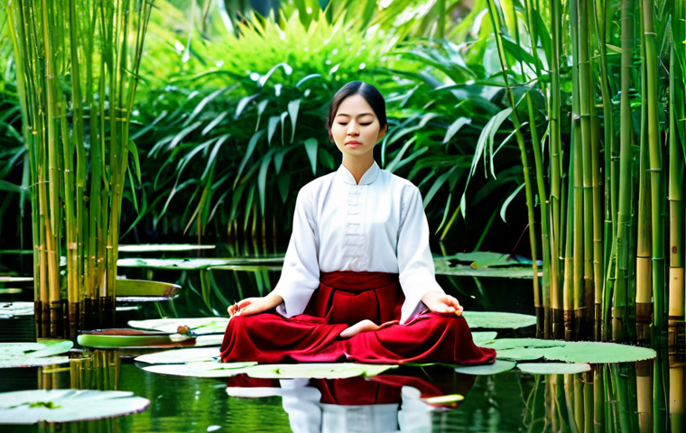 Peaceful Garden Meditation**
"A Vietnamese woman, fully clothed in a modest Ao Dai (traditional dress), meditating peacefully in a lush, green garden. Water lilies float on a small pond nearby. Sunlight filters through bamboo stalks. Serene atmosphere, safe for work, appropriate content, perfect anatomy, natural pose, well-formed hands, proper finger count, professional, family-friendly, high quality, detailed."
**