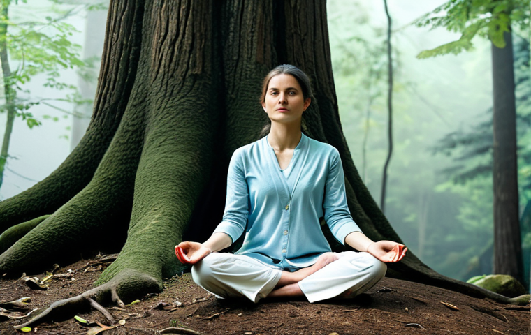 산에서의 마인드풀니스 명상 기법 - Forest Meditation**
A serene woman in comfortable, modest clothing sits in a lotus position at the ...