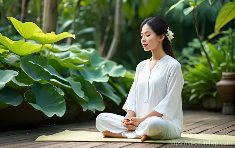 마인드풀니스와 자연 요법의 효능 - **Prompt 1: Serene Inner Reflection in a Vietnamese Garden**
"A young Vietnamese woman in her la...