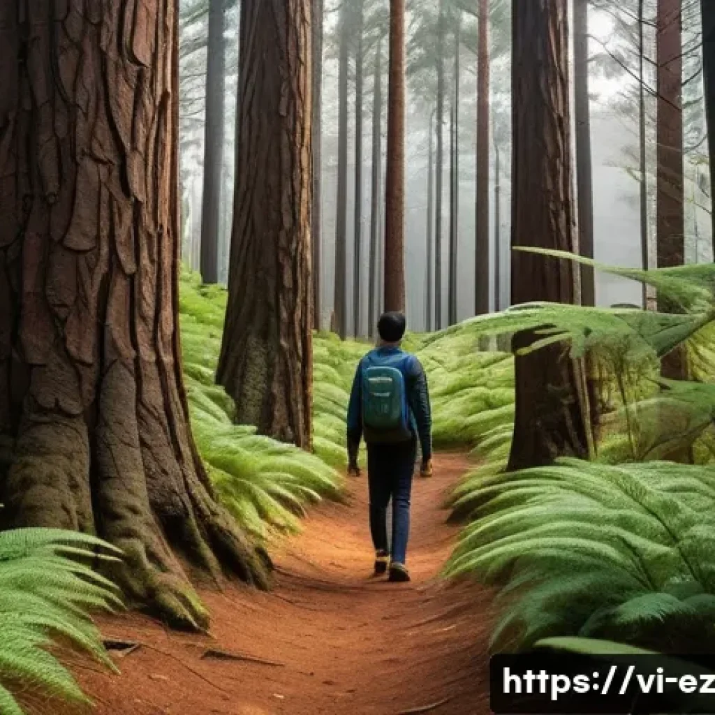 야외 마인드풀니스의 과학적 근거 - **Forest Scene:** The person is seen walking slowly through a serene pine forest, akin to those foun...