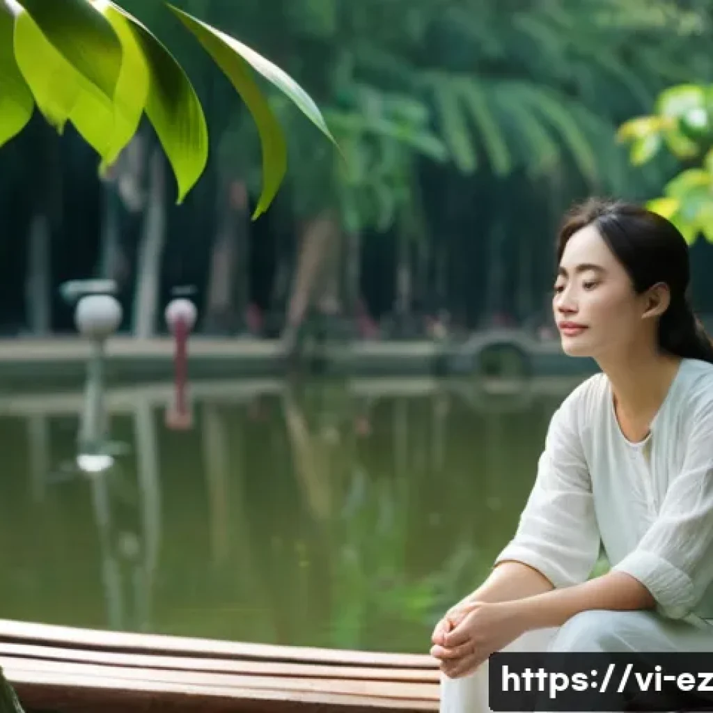자연 속에서의 마인드풀니스 체험하기 - **Prompt:** "A serene, mindful woman, in her late 20s, wearing modest, light-colored casual clothing...