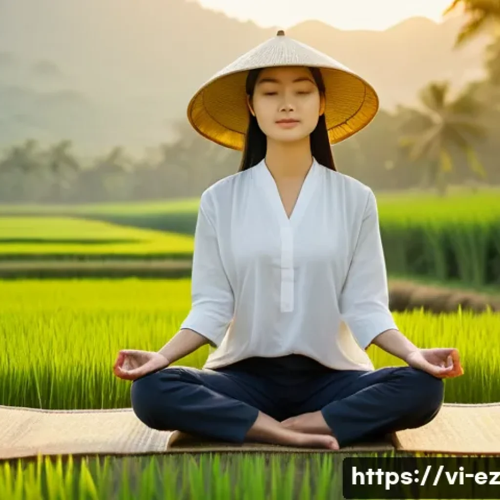 마인드풀니스로 스트레스 해소하기 - A serene Vietnamese woman in casual, modest clothing practicing mindfulness meditation outdoors at s...