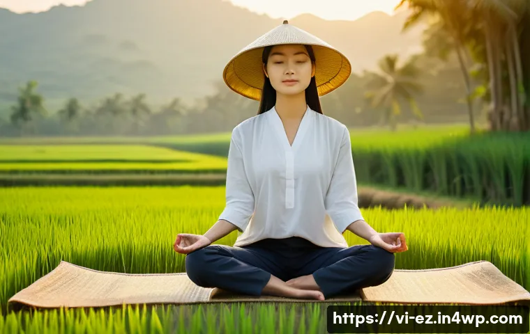 마인드풀니스로 스트레스 해소하기 - A serene Vietnamese woman in casual, modest clothing practicing mindfulness meditation outdoors at s...