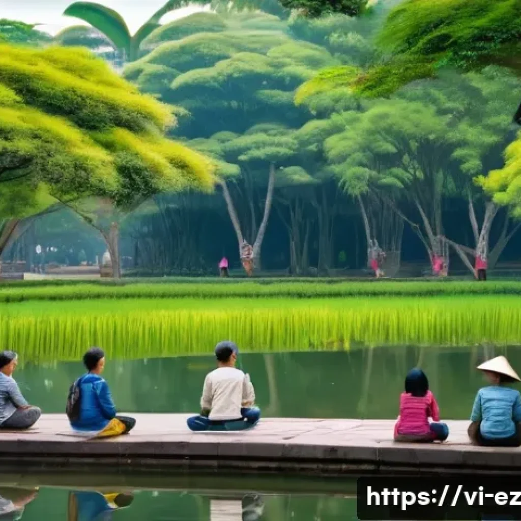 자연과의 연결을 통한 마인드풀니스 활동 - A peaceful early morning scene in a bustling Vietnamese city park, featuring diverse groups of peopl...