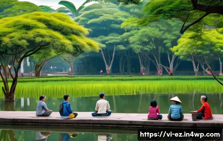 자연과의 연결을 통한 마인드풀니스 활동 - A peaceful early morning scene in a bustling Vietnamese city park, featuring diverse groups of peopl...