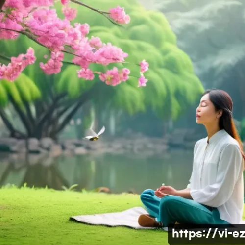 Home 33 야외 마인드풀니스 활동을 위한 팁과 요령 - A serene small urban park corner in Vietnam during early morning, featuring a quiet pond with gentle...