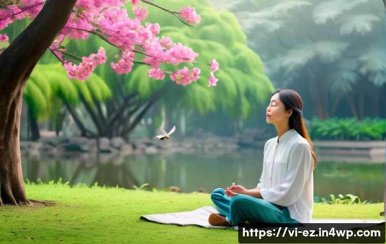 야외 마인드풀니스 활동을 위한 팁과 요령 - A serene small urban park corner in Vietnam during early morning, featuring a quiet pond with gentle...