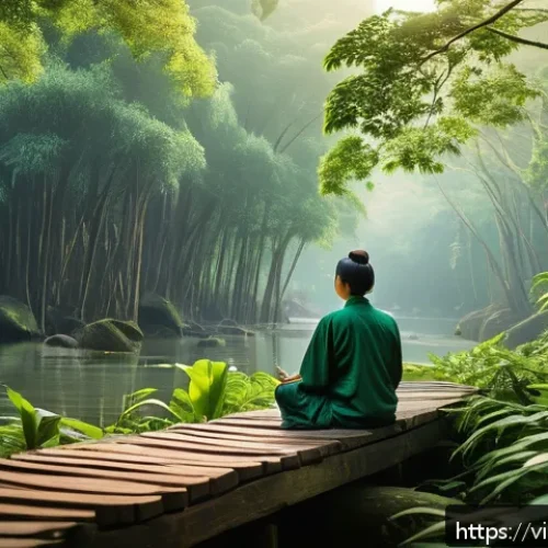 Home 31 야외에서의 마인드풀니스 명상에 적합한 장소 - A serene ancient forest scene in Vietnam during early morning light, lush green foliage with dew-cov...