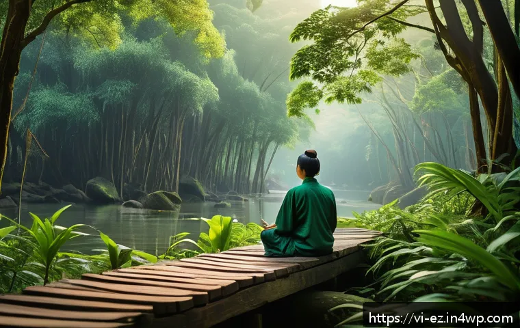 야외에서의 마인드풀니스 명상에 적합한 장소 - A serene ancient forest scene in Vietnam during early morning light, lush green foliage with dew-cov...