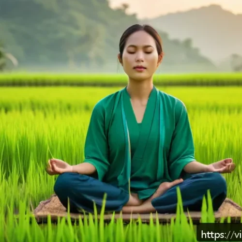 Home 30 마인드풀니스와 자연 치유의 관계 - A serene Vietnamese woman practicing mindful breathing meditation outdoors in a lush green rice fiel...
