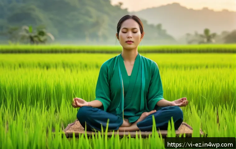 마인드풀니스와 자연 치유의 관계 - A serene Vietnamese woman practicing mindful breathing meditation outdoors in a lush green rice fiel...